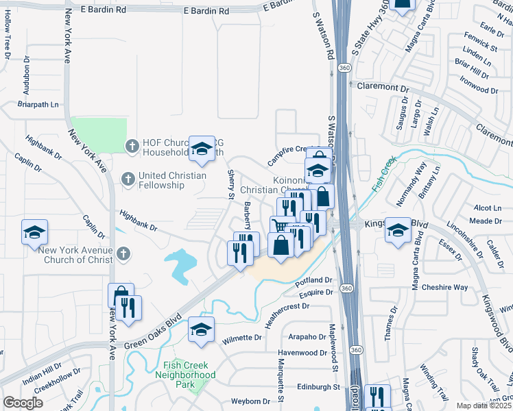 map of restaurants, bars, coffee shops, grocery stores, and more near 5202 Manhassett Drive in Arlington