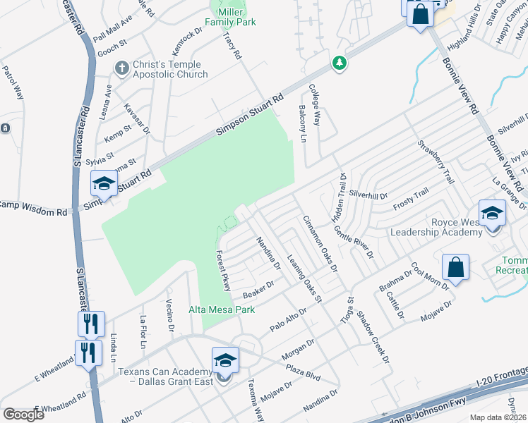 map of restaurants, bars, coffee shops, grocery stores, and more near 3204 Pacesetter Drive in Dallas