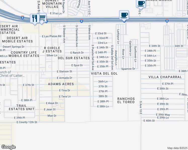 map of restaurants, bars, coffee shops, grocery stores, and more near 9546 East 36th Place in Yuma
