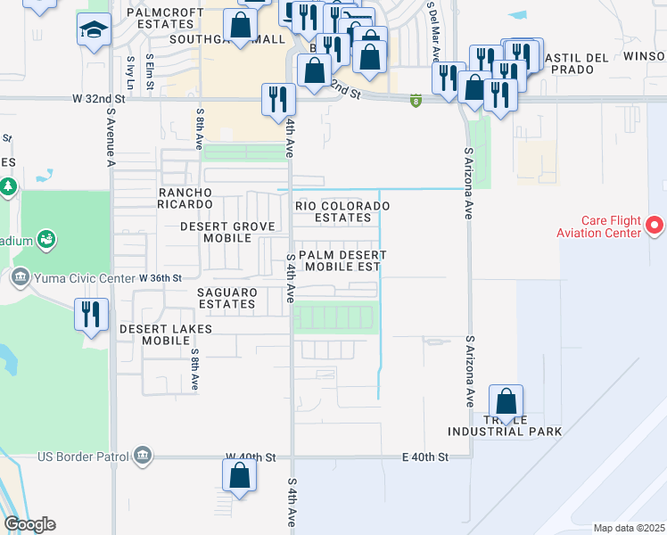 map of restaurants, bars, coffee shops, grocery stores, and more near 3595 S Rainier Ave in Yuma