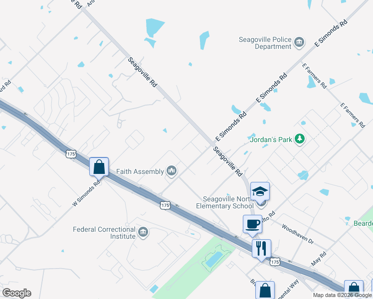 map of restaurants, bars, coffee shops, grocery stores, and more near 410 Hopkins Avenue in Seagoville