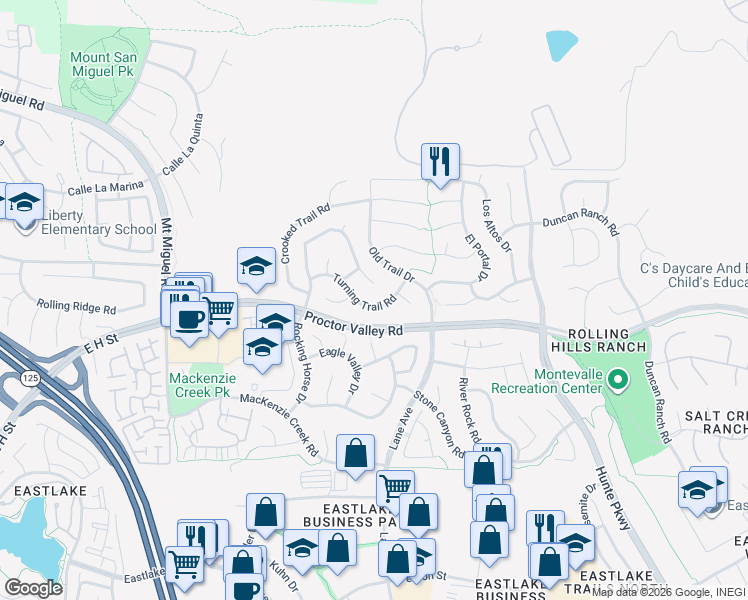 map of restaurants, bars, coffee shops, grocery stores, and more near 2453 Turning Trail Rd in Chula Vista