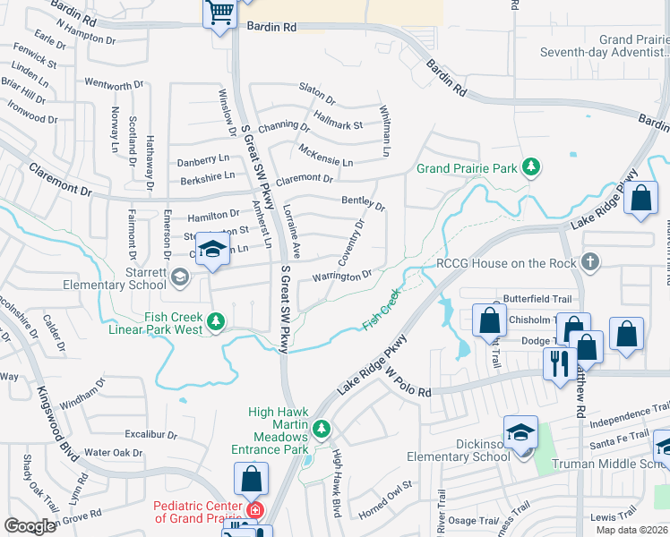 map of restaurants, bars, coffee shops, grocery stores, and more near 2402 Warrington Drive in Grand Prairie