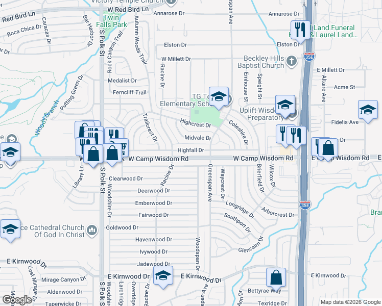 map of restaurants, bars, coffee shops, grocery stores, and more near 704 Highfall Drive in Dallas