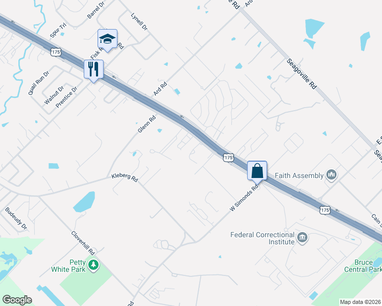 map of restaurants, bars, coffee shops, grocery stores, and more near 2507 North Highway 175 in Seagoville