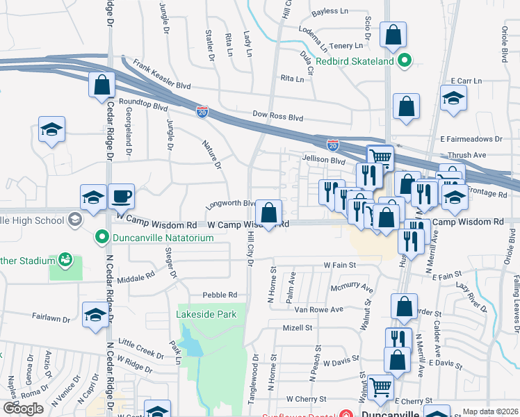 map of restaurants, bars, coffee shops, grocery stores, and more near 426 Longworth Boulevard in Duncanville