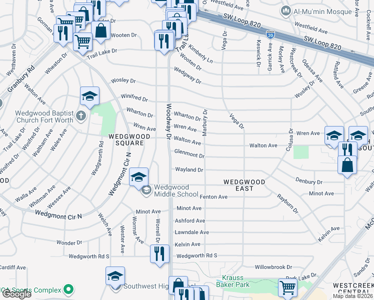 map of restaurants, bars, coffee shops, grocery stores, and more near 3820 Glenmont Drive in Fort Worth