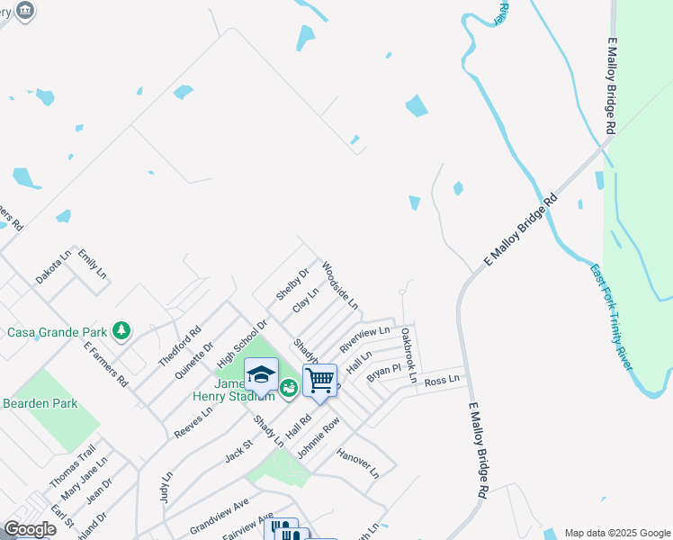 map of restaurants, bars, coffee shops, grocery stores, and more near 1102 Woodside Lane in Seagoville