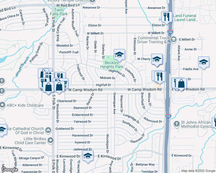 map of restaurants, bars, coffee shops, grocery stores, and more near 626 Highfall Drive in Dallas