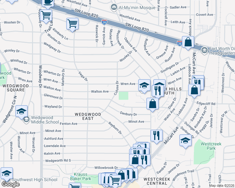 map of restaurants, bars, coffee shops, grocery stores, and more near 5601 Colusa Drive in Fort Worth