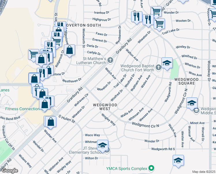 map of restaurants, bars, coffee shops, grocery stores, and more near 5825 Wheaton Drive in Fort Worth
