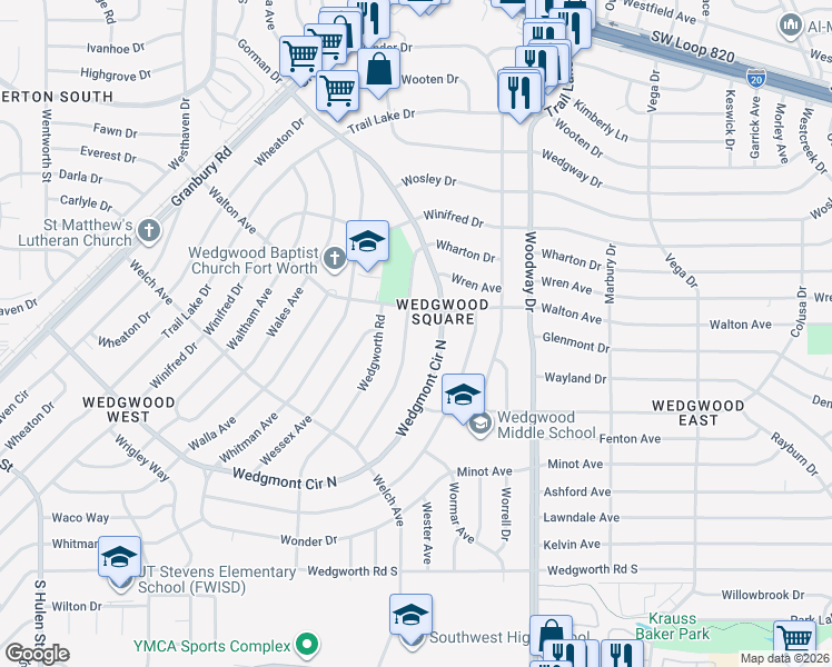 map of restaurants, bars, coffee shops, grocery stores, and more near 5613 Wharton Drive in Fort Worth