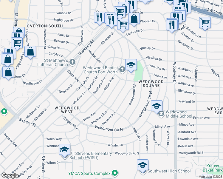 map of restaurants, bars, coffee shops, grocery stores, and more near 5700 Walla Ave in Fort Worth