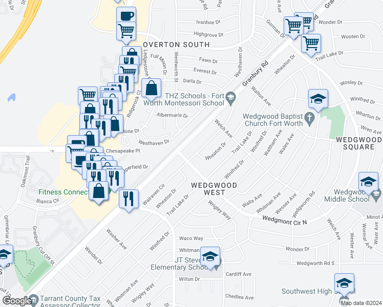 map of restaurants, bars, coffee shops, grocery stores, and more near 5924 Walraven Circle in Fort Worth