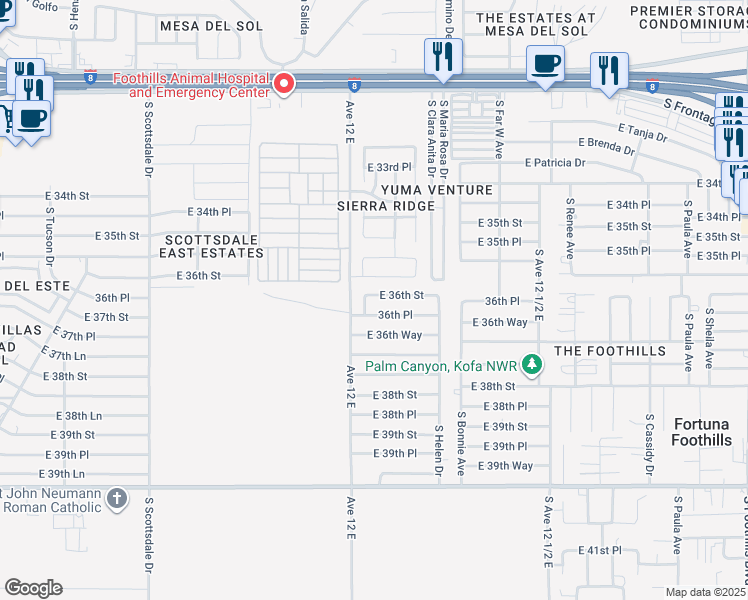map of restaurants, bars, coffee shops, grocery stores, and more near 12151 East 36th Street in Yuma