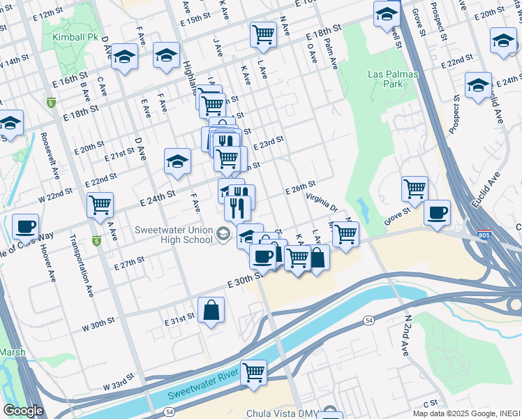 map of restaurants, bars, coffee shops, grocery stores, and more near 2608 Michelle Court in National City