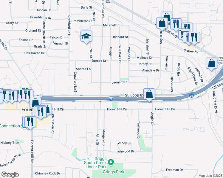 map of restaurants, bars, coffee shops, grocery stores, and more near 4607 East California Parkway in Forest Hill