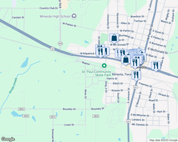 map of restaurants, bars, coffee shops, grocery stores, and more near 517 West Front Street in Mineola