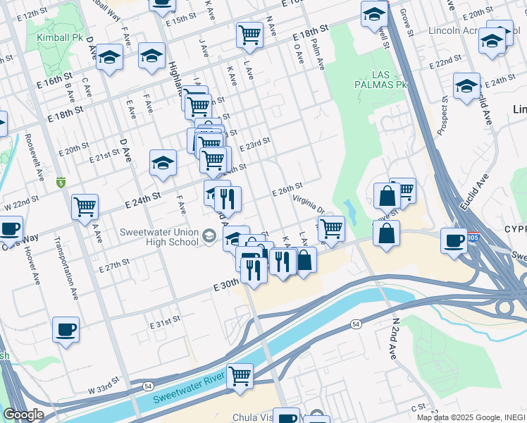 map of restaurants, bars, coffee shops, grocery stores, and more near 2631 J Avenue in National City