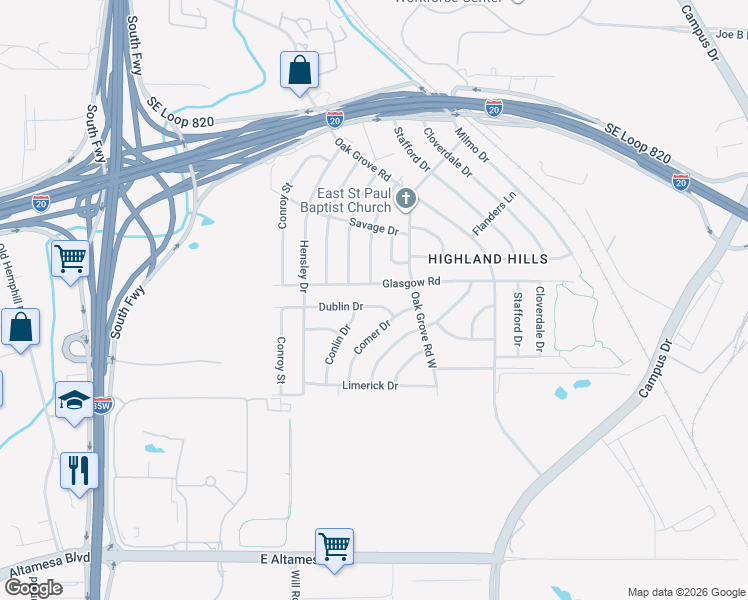 map of restaurants, bars, coffee shops, grocery stores, and more near 1213 Dublin Drive in Fort Worth