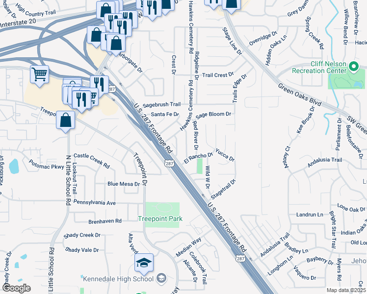 map of restaurants, bars, coffee shops, grocery stores, and more near 5116 Eagle Nest Drive in Arlington