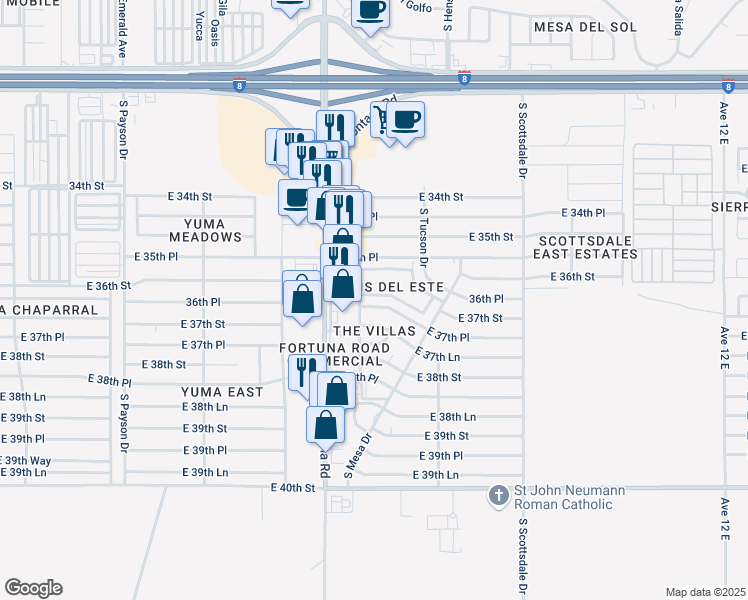map of restaurants, bars, coffee shops, grocery stores, and more near 11230 East 37th Place in Yuma