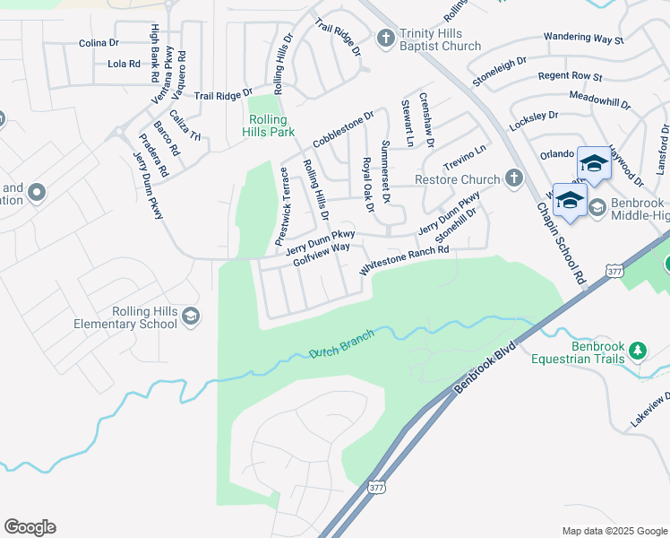 map of restaurants, bars, coffee shops, grocery stores, and more near 7416 Rolling Hills Drive in Benbrook