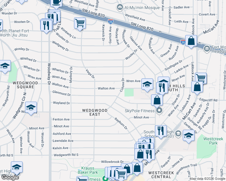 map of restaurants, bars, coffee shops, grocery stores, and more near 3517 Walton Avenue in Fort Worth