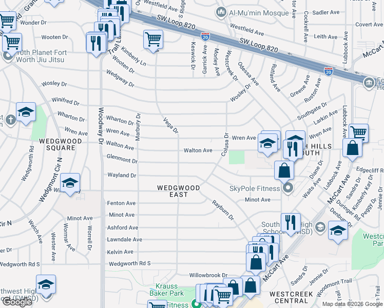 map of restaurants, bars, coffee shops, grocery stores, and more near 3605 Walton Ave in Fort Worth