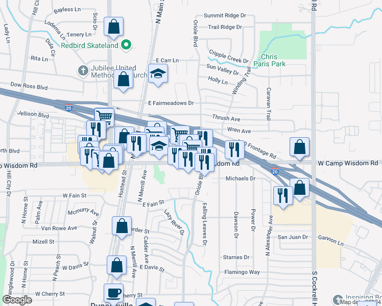 map of restaurants, bars, coffee shops, grocery stores, and more near 333 East Camp Wisdom Road in Duncanville
