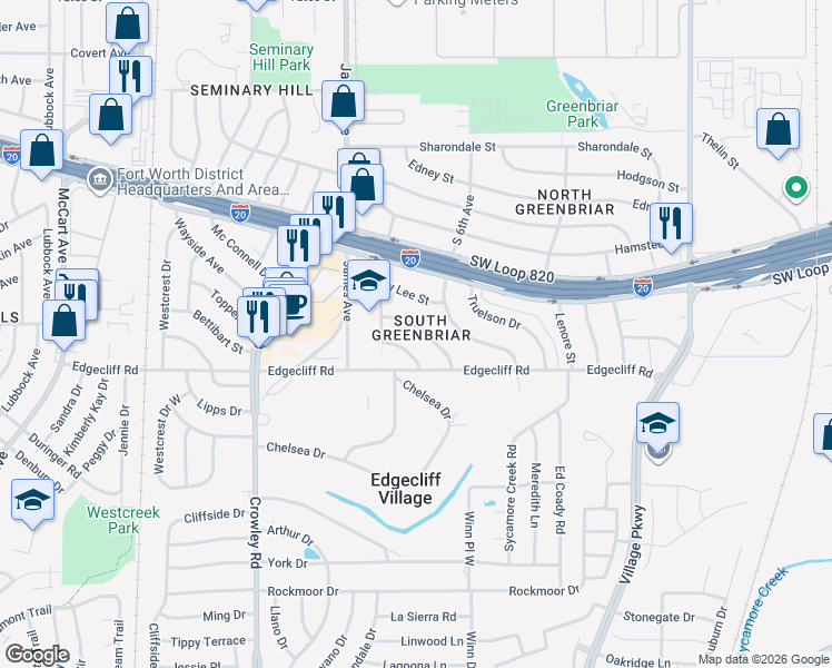 map of restaurants, bars, coffee shops, grocery stores, and more near 1509 Cairn Circle in Fort Worth