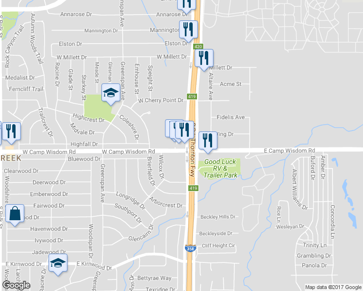 map of restaurants, bars, coffee shops, grocery stores, and more near 7027 S R L Thornton Fwy in Dallas