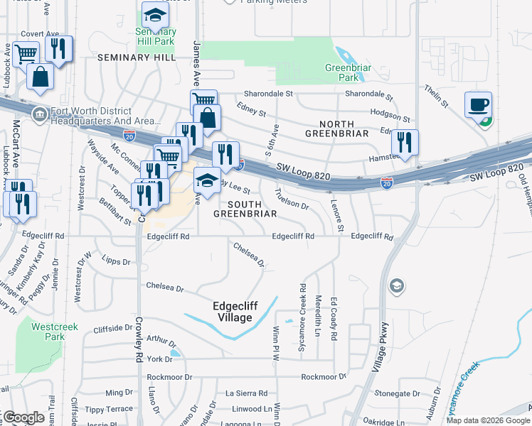 map of restaurants, bars, coffee shops, grocery stores, and more near 5736 South 6th Avenue in Fort Worth