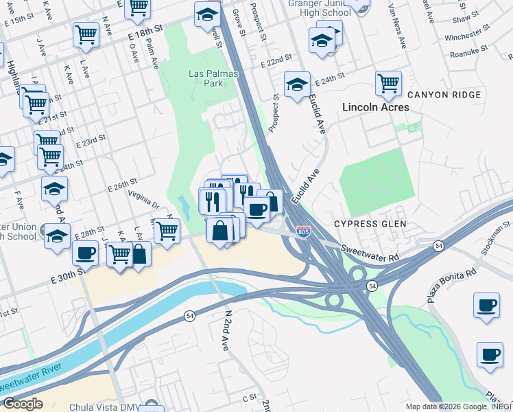 map of restaurants, bars, coffee shops, grocery stores, and more near 2852 Prospect Street in National City