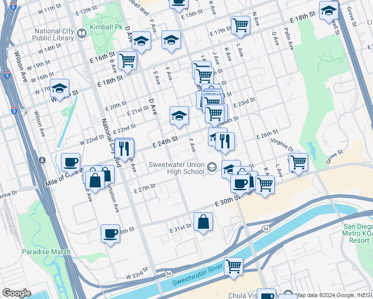 map of restaurants, bars, coffee shops, grocery stores, and more near 2508 F Avenue in National City