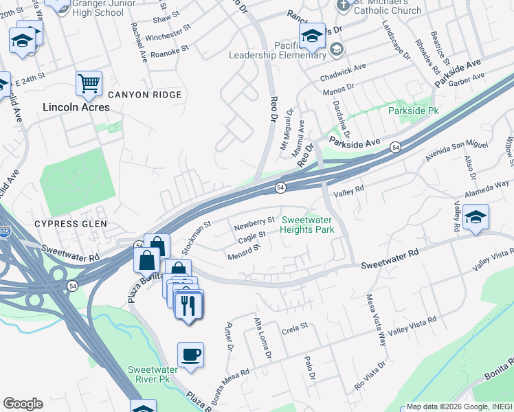 map of restaurants, bars, coffee shops, grocery stores, and more near 3517 Stockman Street in National City