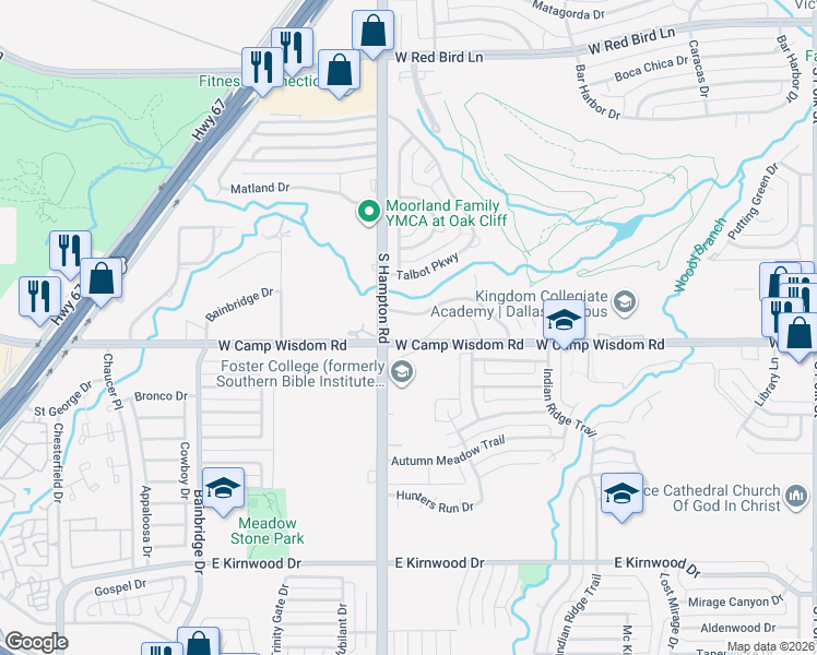 map of restaurants, bars, coffee shops, grocery stores, and more near 7108 South Hampton Road in Dallas