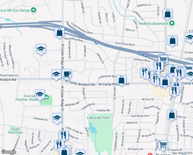 map of restaurants, bars, coffee shops, grocery stores, and more near 531 Longworth Boulevard in Duncanville