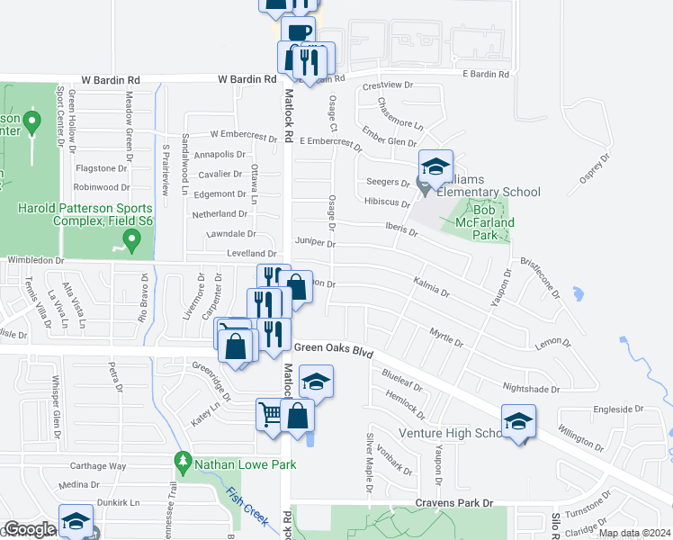 map of restaurants, bars, coffee shops, grocery stores, and more near 200 Kalmia Drive in Arlington