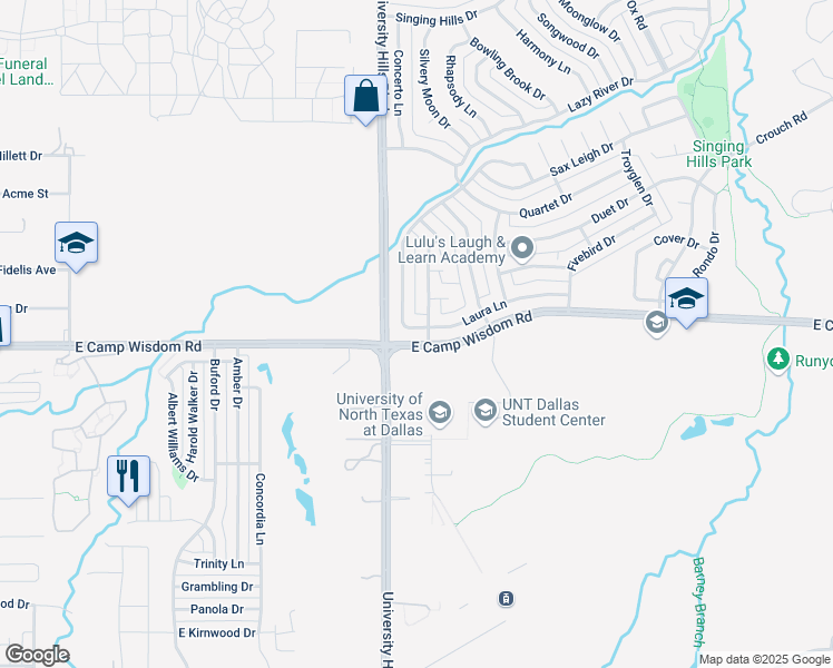 map of restaurants, bars, coffee shops, grocery stores, and more near 1209 Hidden Valley Drive in Dallas