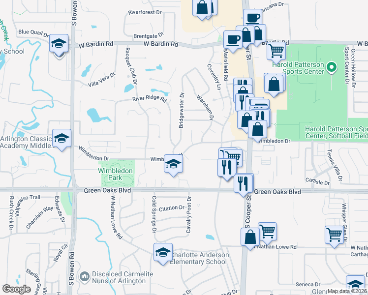 map of restaurants, bars, coffee shops, grocery stores, and more near 2009 Wimbledon Drive in Arlington