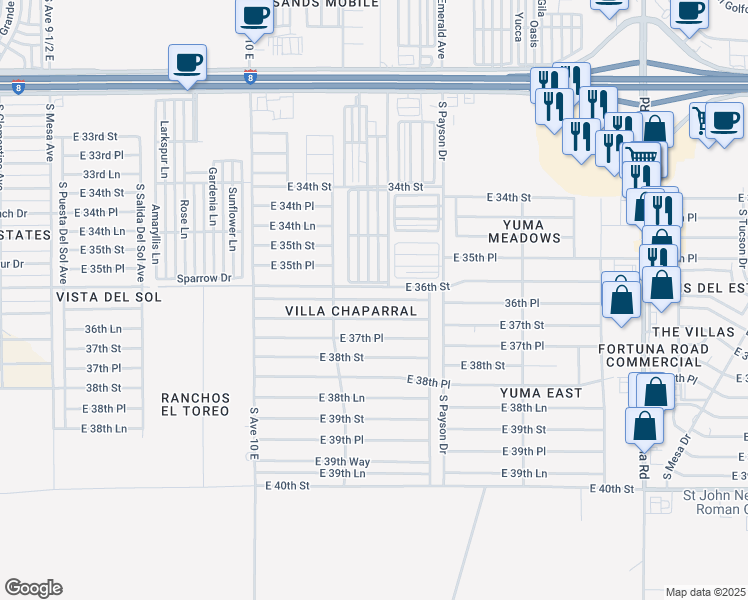 map of restaurants, bars, coffee shops, grocery stores, and more near 10421 36th Place in Yuma