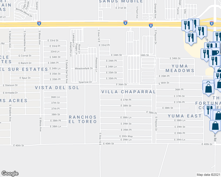 map of restaurants, bars, coffee shops, grocery stores, and more near 10112 East 36th Place in Yuma