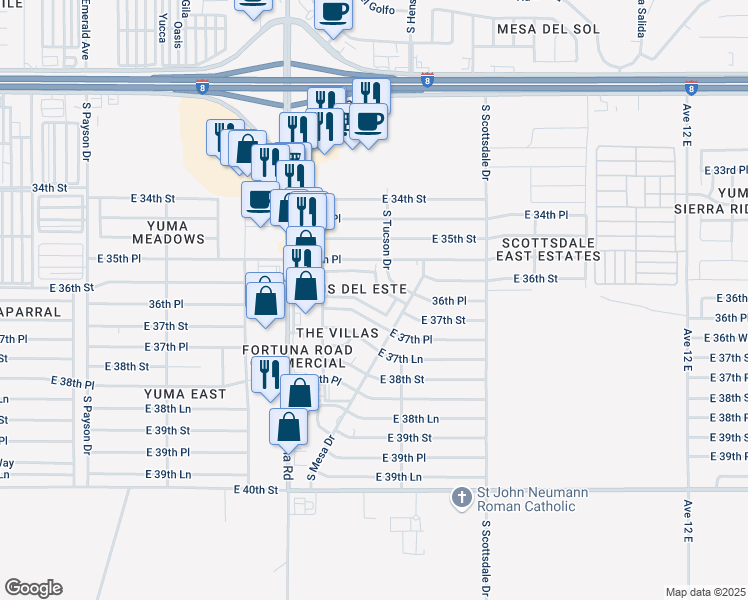 map of restaurants, bars, coffee shops, grocery stores, and more near 11230 East 37th Place in Yuma