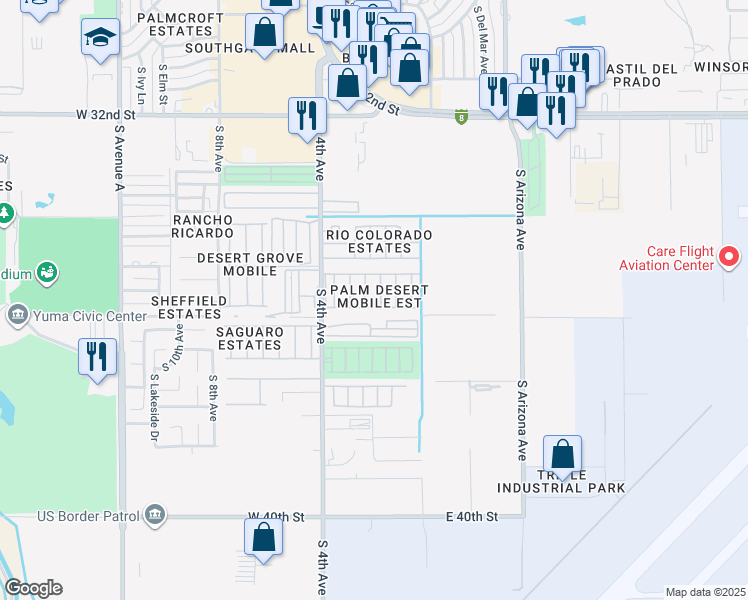 map of restaurants, bars, coffee shops, grocery stores, and more near 3595 South Rainier Avenue in Yuma