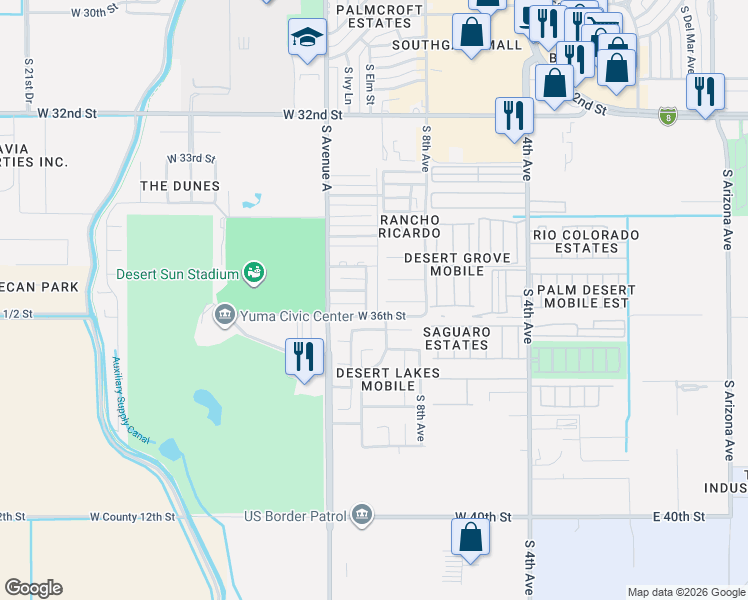 map of restaurants, bars, coffee shops, grocery stores, and more near 1114 W 36th St in Yuma