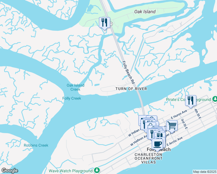 map of restaurants, bars, coffee shops, grocery stores, and more near 122 West Mariners Cay Drive in Folly Beach