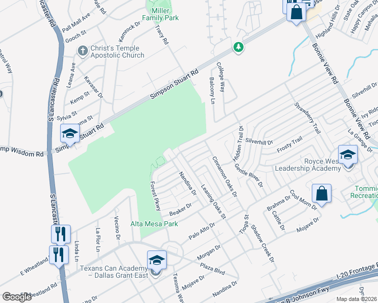 map of restaurants, bars, coffee shops, grocery stores, and more near 3204 Pacesetter Drive in Dallas