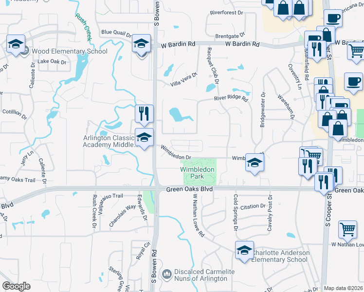 map of restaurants, bars, coffee shops, grocery stores, and more near 2414 Kingsford Court in Arlington
