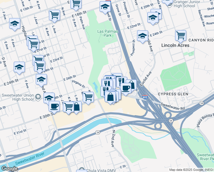 map of restaurants, bars, coffee shops, grocery stores, and more near Lincoln Court in National City
